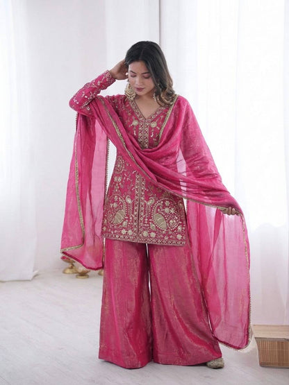 Arti Chuahan Wear Pink Color Heavy Embroidered Palazzo suit With Dupatta