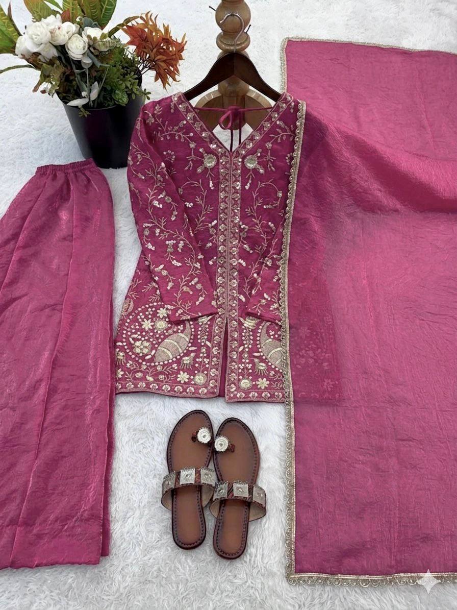 Arti Chuahan Wear Pink Color Heavy Embroidered Palazzo suit With Dupatta