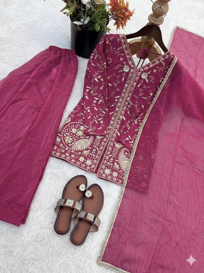 Arti Chuahan Wear Pink Color Heavy Embroidered Palazzo suit With Dupatta