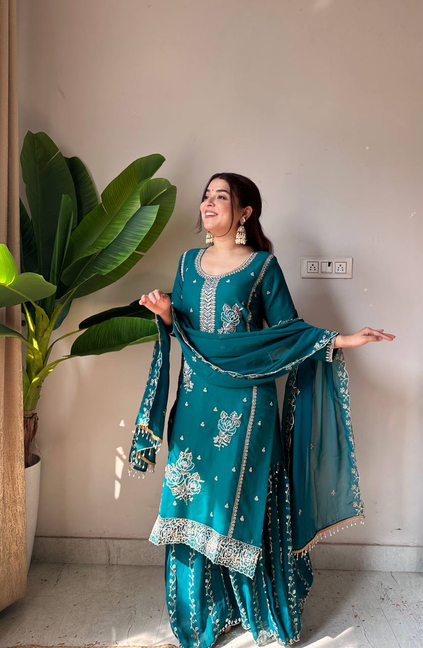 Demanding Green Color Faux Georgette Sequence Embroidered Sharara Suit