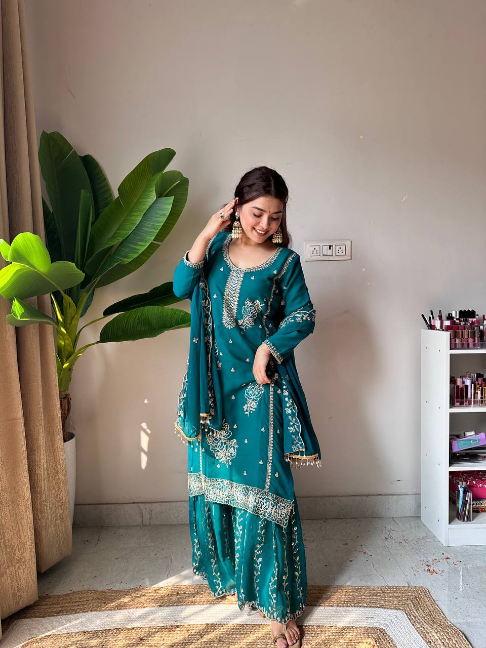 Demanding Green Color Faux Georgette Sequence Embroidered Sharara Suit