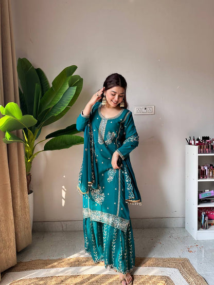 Demanding Green Color Faux Georgette Sequence Embroidered Sharara Suit