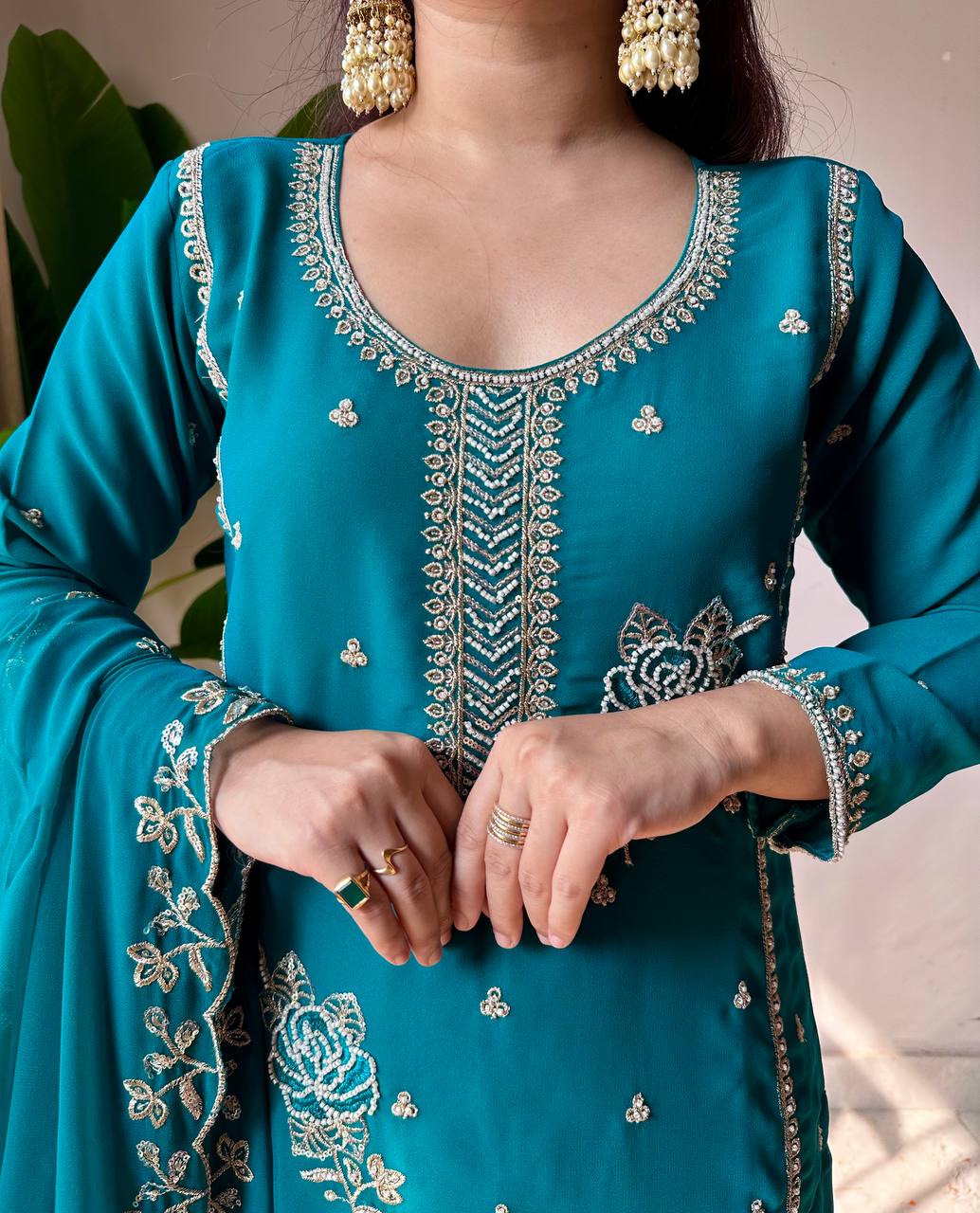 Demanding Green Color Faux Georgette Sequence Embroidered Sharara Suit