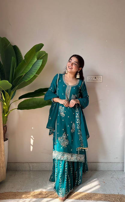 Demanding Green Color Faux Georgette Sequence Embroidered Sharara Suit