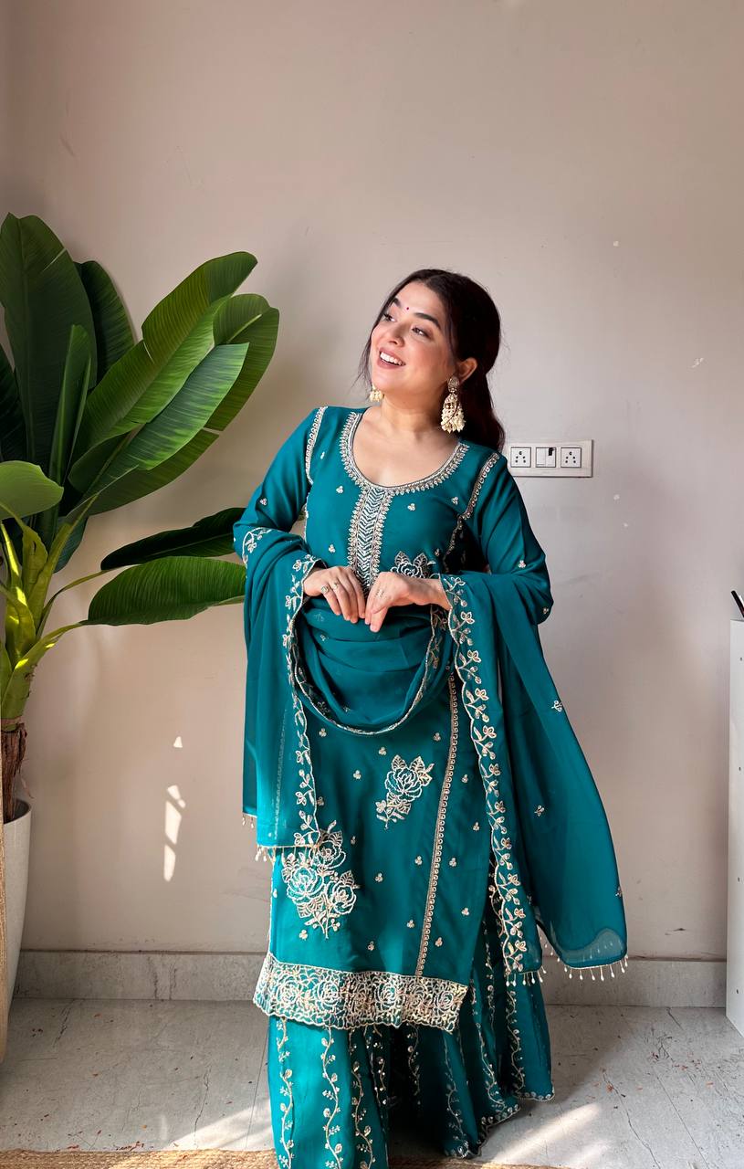 Demanding Green Color Faux Georgette Sequence Embroidered Sharara Suit