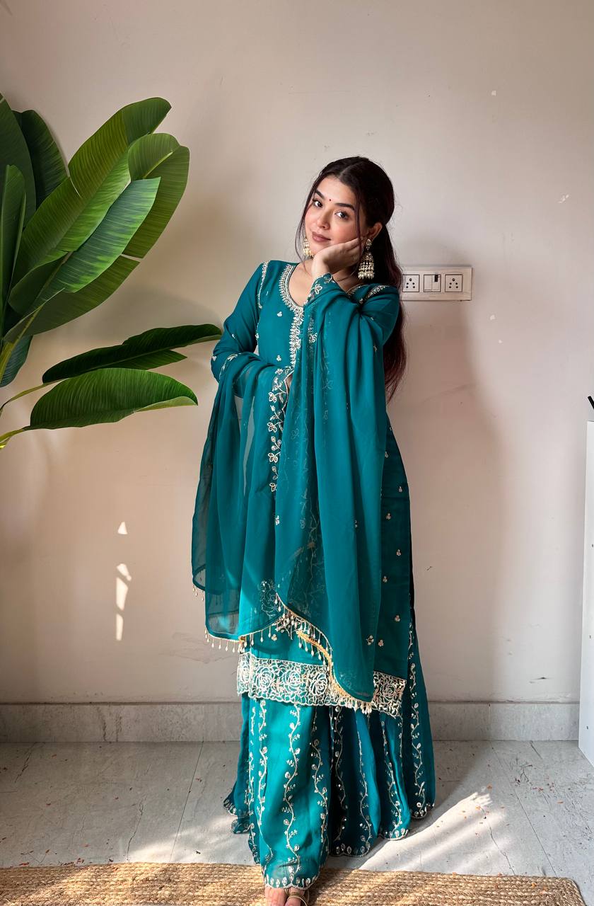 Demanding Green Color Faux Georgette Sequence Embroidered Sharara Suit