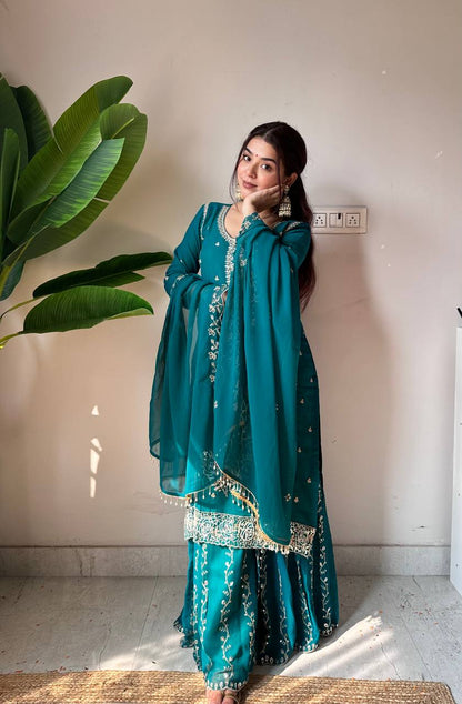 Demanding Green Color Faux Georgette Sequence Embroidered Sharara Suit