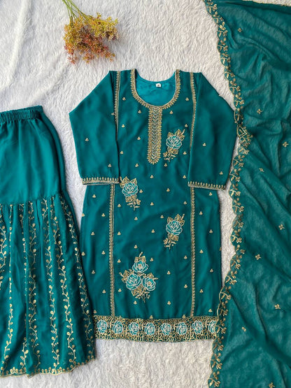 Demanding Green Color Faux Georgette Sequence Embroidered Sharara Suit