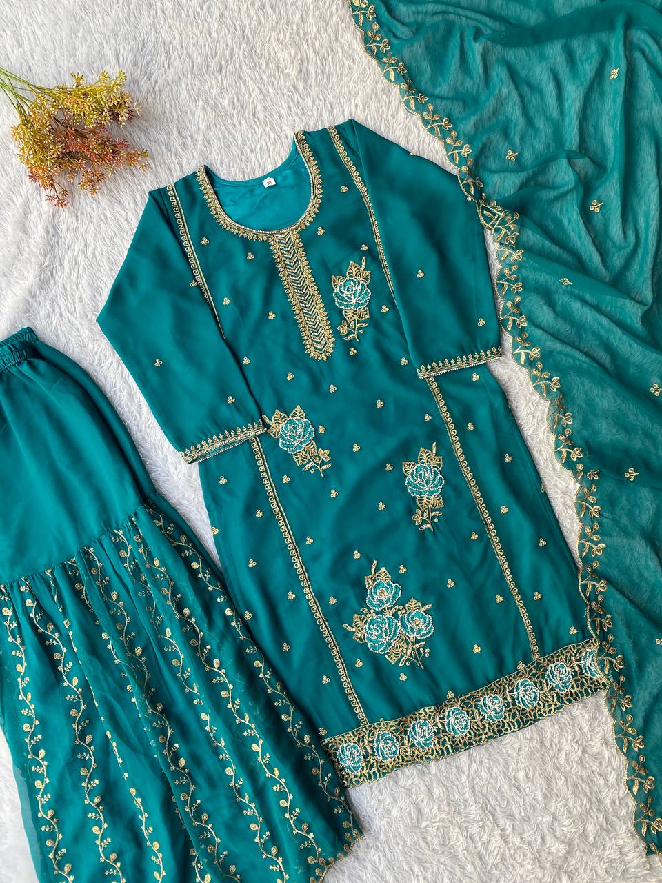 Demanding Green Color Faux Georgette Sequence Embroidered Sharara Suit