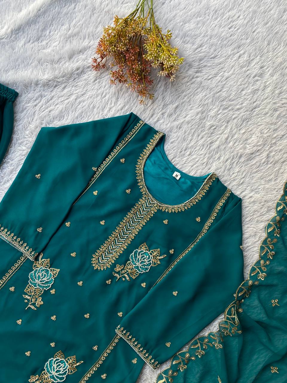 Demanding Green Color Faux Georgette Sequence Embroidered Sharara Suit