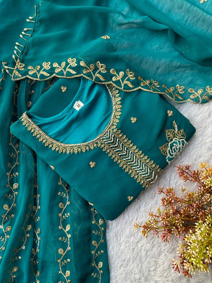 Demanding Green Color Faux Georgette Sequence Embroidered Sharara Suit