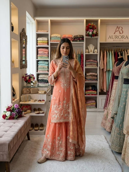 Attractive Peach Color Sequence Work Sharara Suit