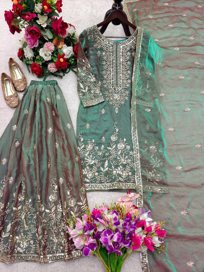 Gorgeous Green Color Embroidery Work Sharara Suit With Dupatta