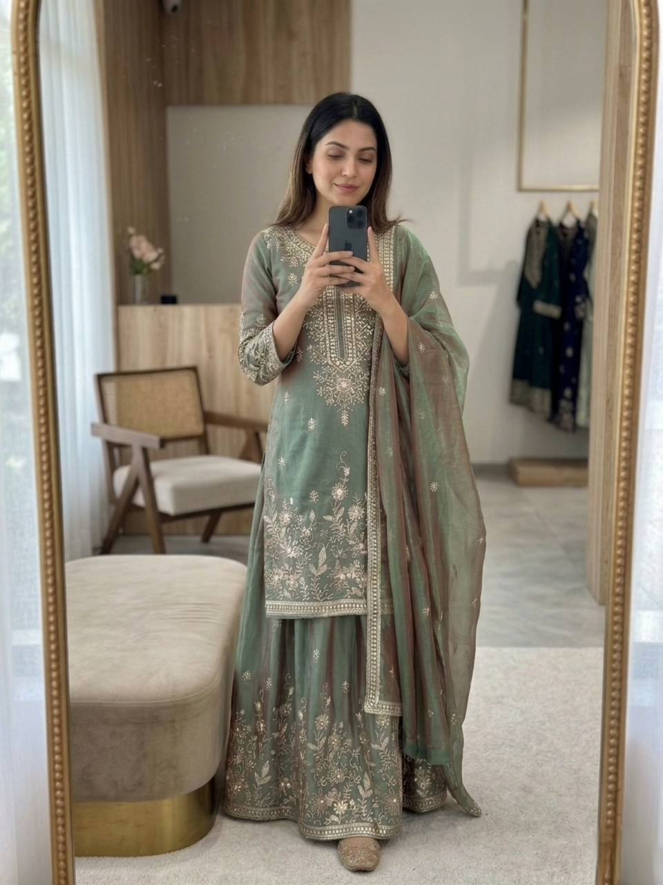 Gorgeous Green Color Embroidery Work Sharara Suit With Dupatta
