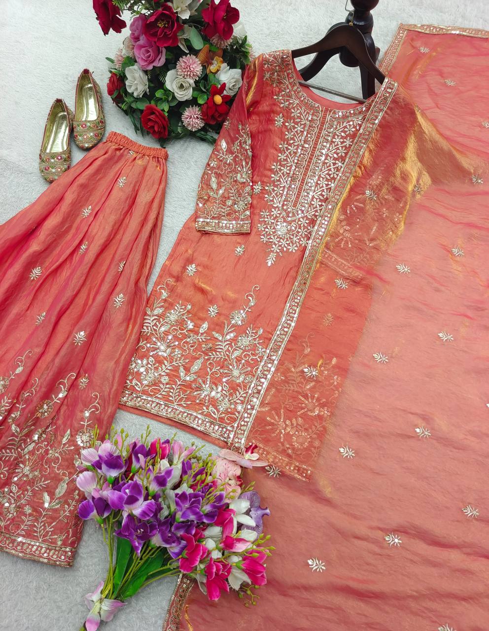 Attractive Peach Color Sequence Work Sharara Suit