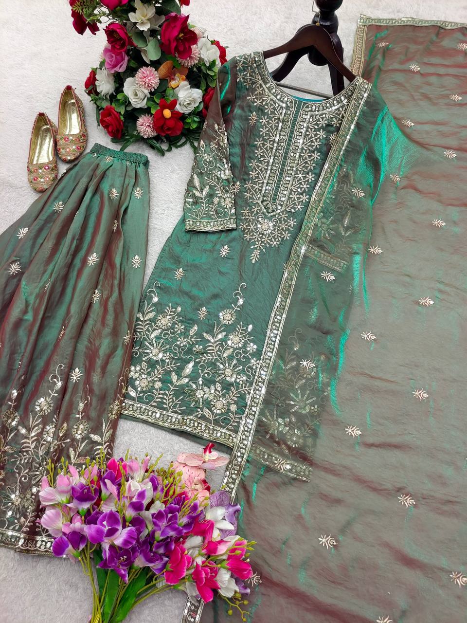 Gorgeous Green Color Embroidery Work Sharara Suit With Dupatta