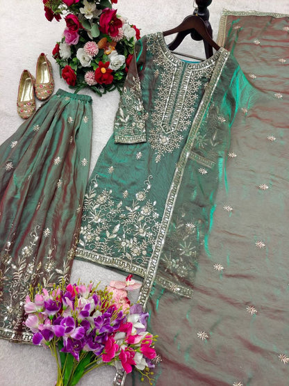 Gorgeous Green Color Embroidery Work Sharara Suit With Dupatta