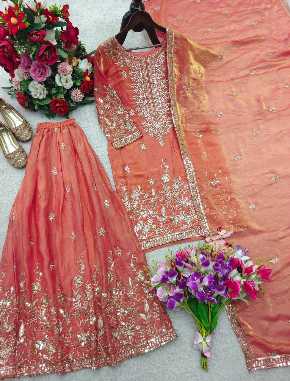 Attractive Peach Color Sequence Work Sharara Suit