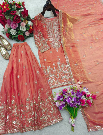Attractive Peach Color Sequence Work Sharara Suit