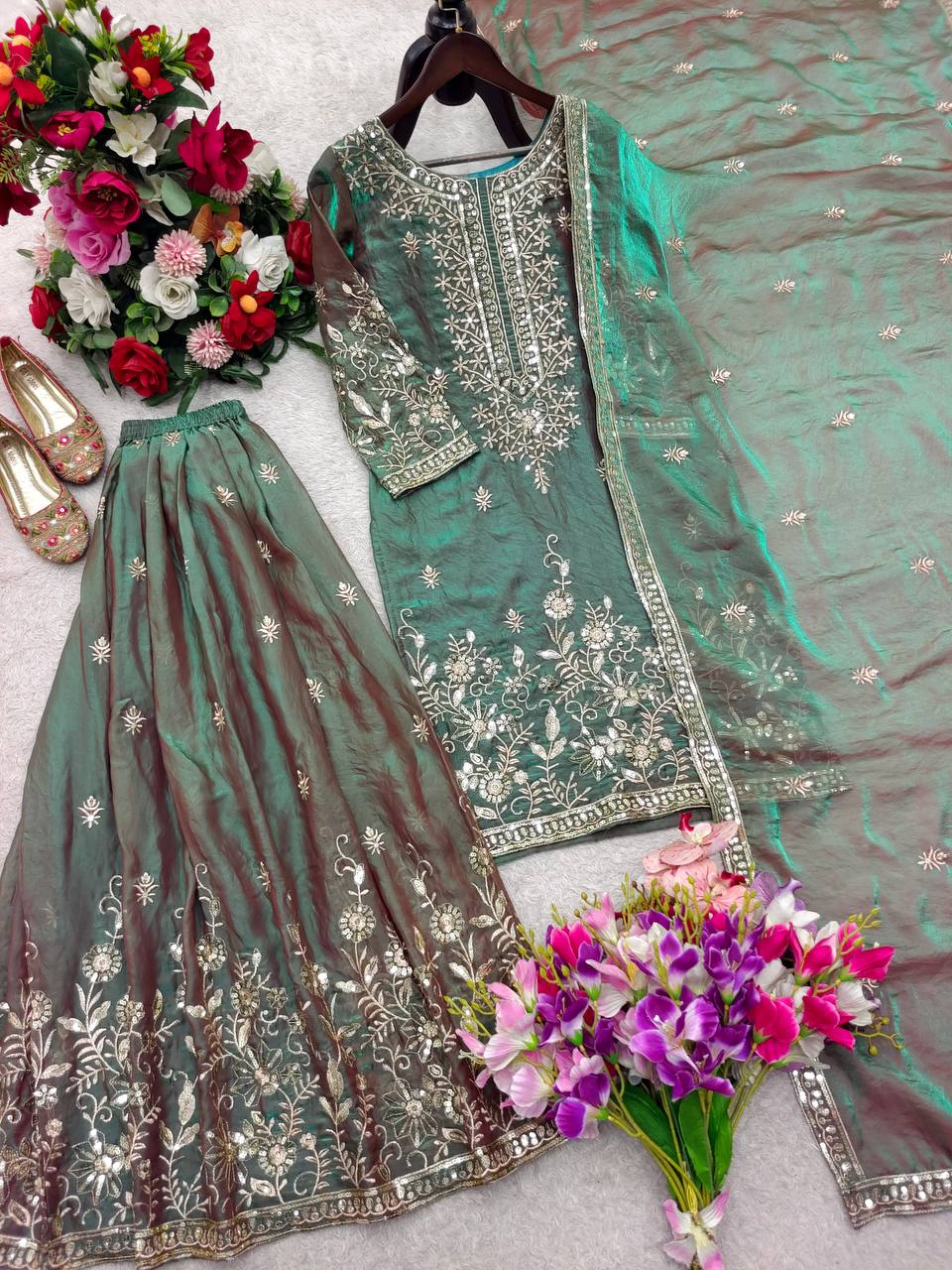 Gorgeous Green Color Embroidery Work Sharara Suit With Dupatta