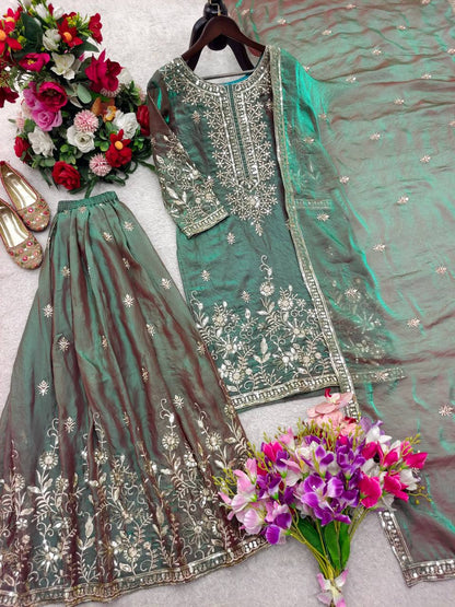 Gorgeous Green Color Embroidery Work Sharara Suit With Dupatta