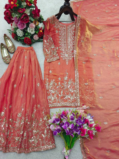 Attractive Peach Color Sequence Work Sharara Suit