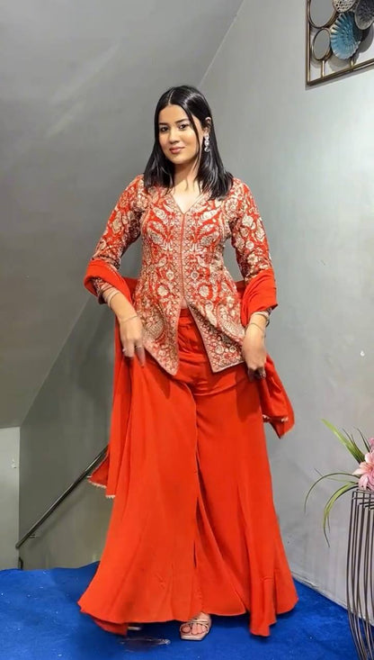 Designer Faux Georgette Orange Color  Embroidered Party Wear Palazzo Set with Dupatta