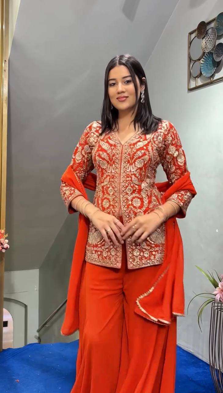 Designer Faux Georgette Orange Color  Embroidered Party Wear Palazzo Set with Dupatta