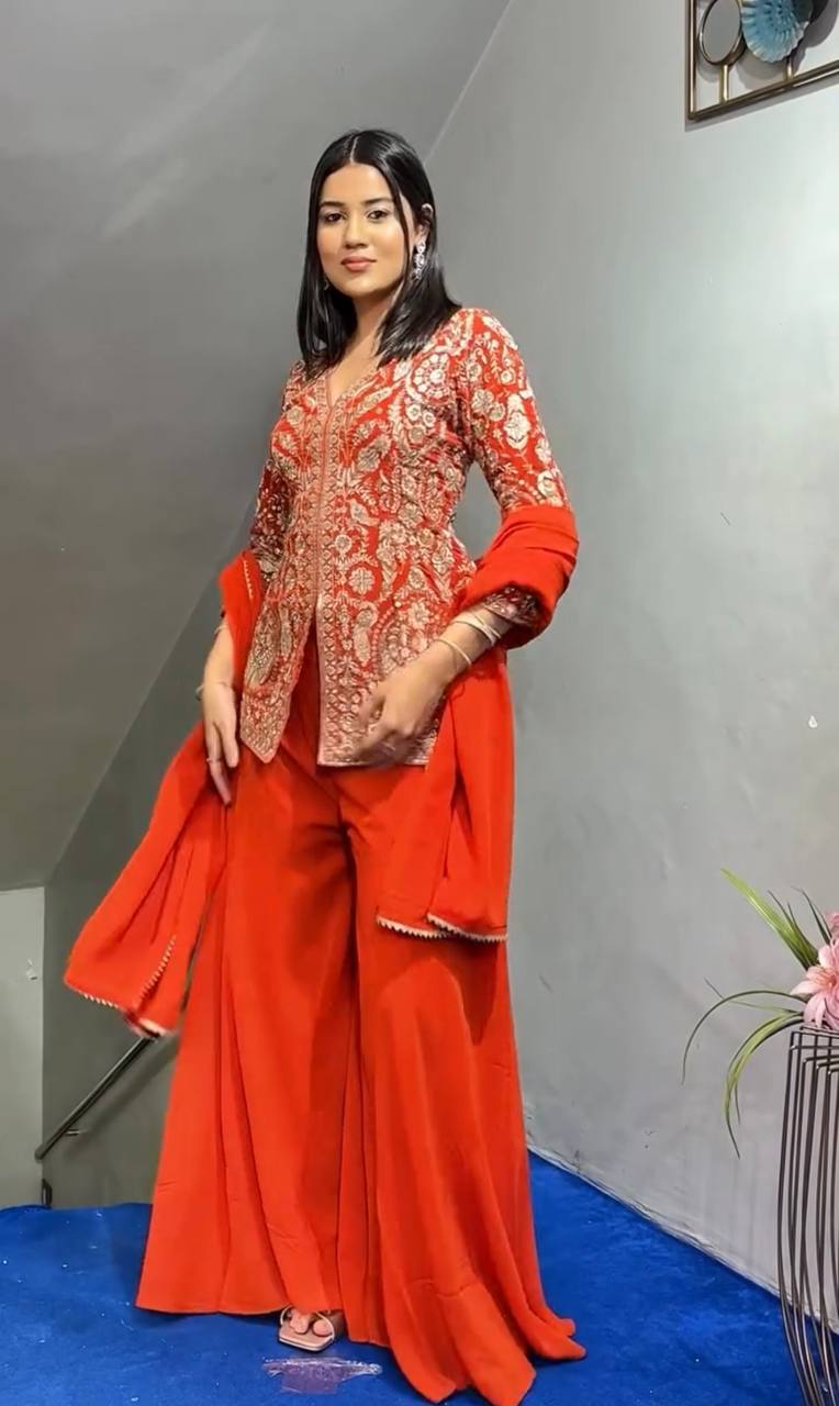 Designer Faux Georgette Orange Color  Embroidered Party Wear Palazzo Set with Dupatta