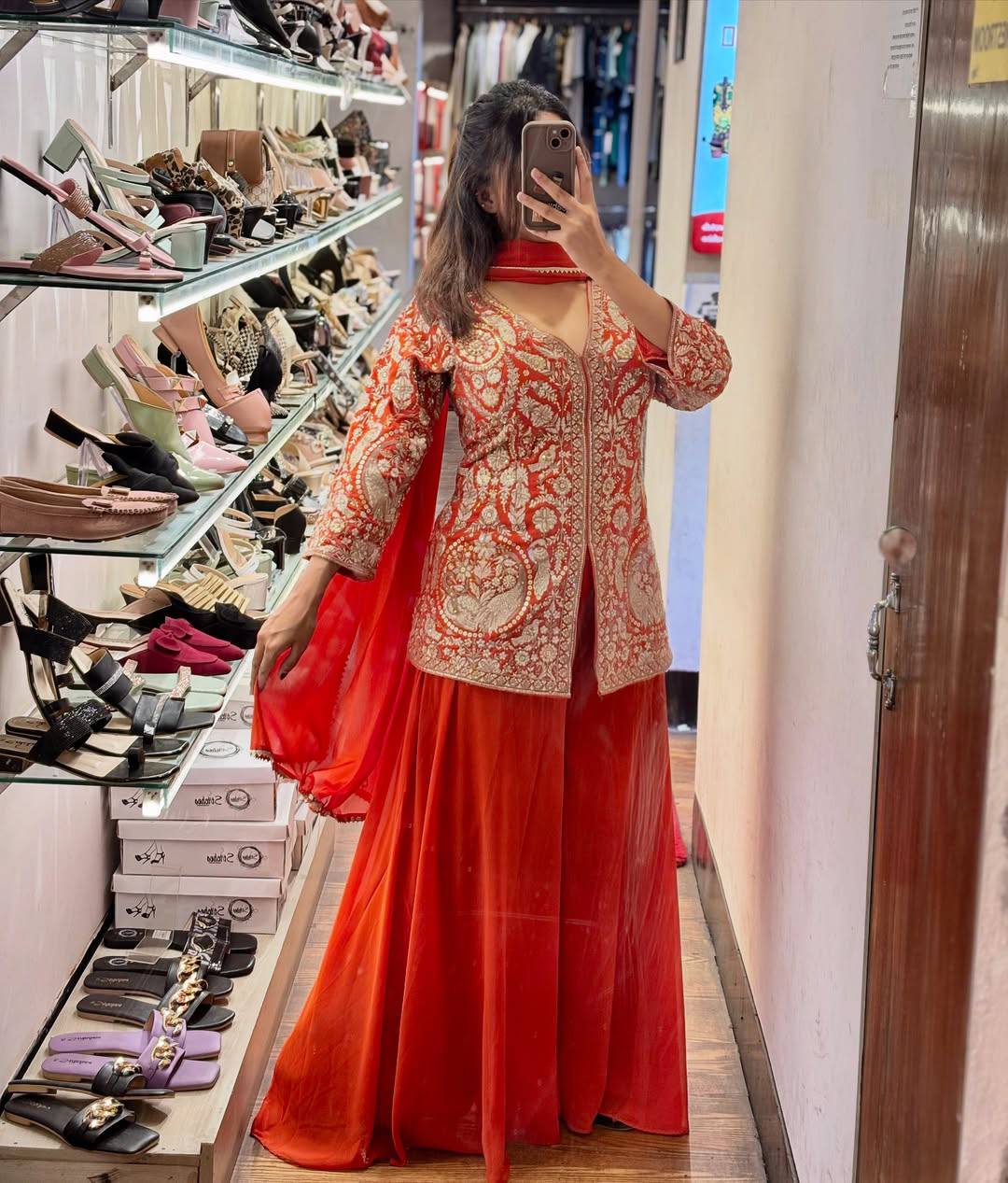 Designer Faux Georgette Orange Color  Embroidered Party Wear Palazzo Set with Dupatta