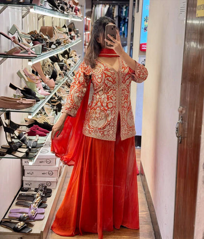 Designer Faux Georgette Orange Color  Embroidered Party Wear Palazzo Set with Dupatta