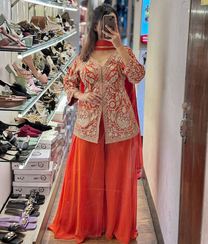 Designer Faux Georgette Orange Color  Embroidered Party Wear Palazzo Set with Dupatta