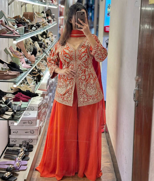 Designer Faux Georgette Orange Color  Embroidered Party Wear Palazzo Set with Dupatta