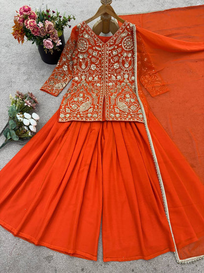 Designer Faux Georgette Orange Color  Embroidered Party Wear Palazzo Set with Dupatta