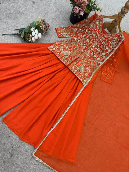 Designer Faux Georgette Orange Color  Embroidered Party Wear Palazzo Set with Dupatta