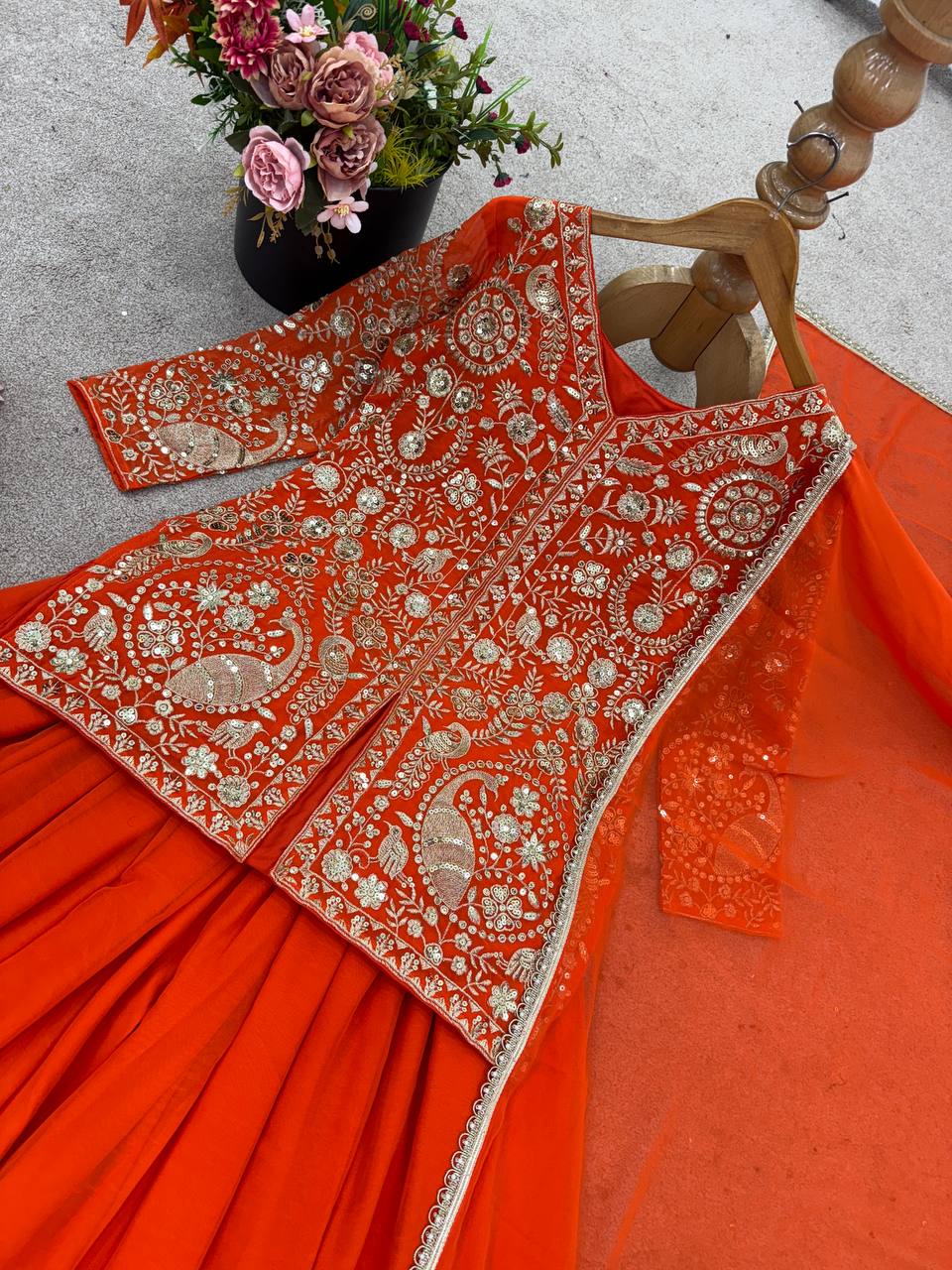 Designer Faux Georgette Orange Color  Embroidered Party Wear Palazzo Set with Dupatta