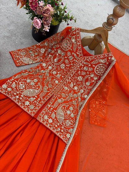 Designer Faux Georgette Orange Color  Embroidered Party Wear Palazzo Set with Dupatta