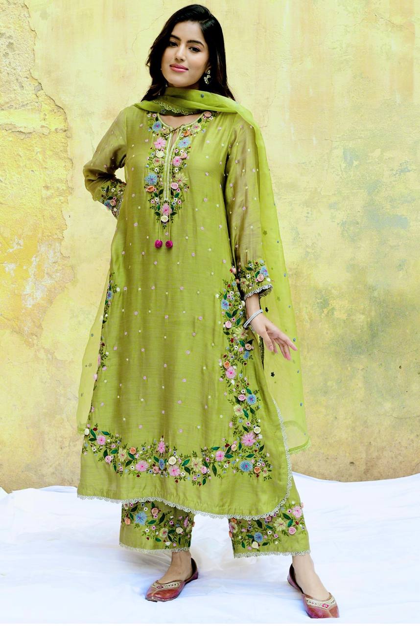 Festive Wear Green Color Heavy Faux Georgette  Rich 5mm Embroidery Sequin Work Palazzo Salwar Suit