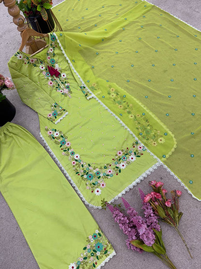 Festive Wear Green Color Heavy Faux Georgette  Rich 5mm Embroidery Sequin Work Palazzo Salwar Suit