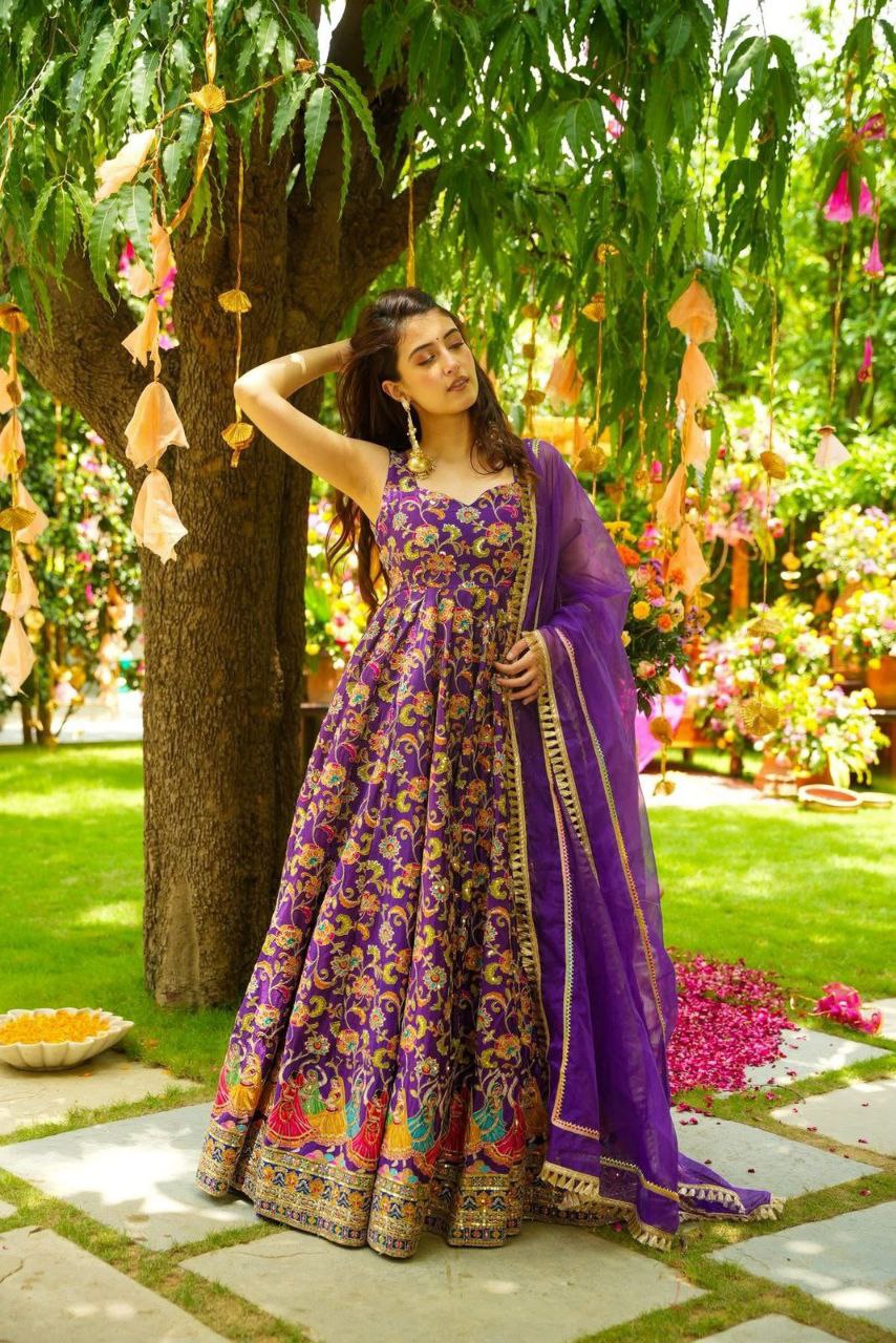 Wedding Wear Purple Color Organza Silk Anarkali Gown