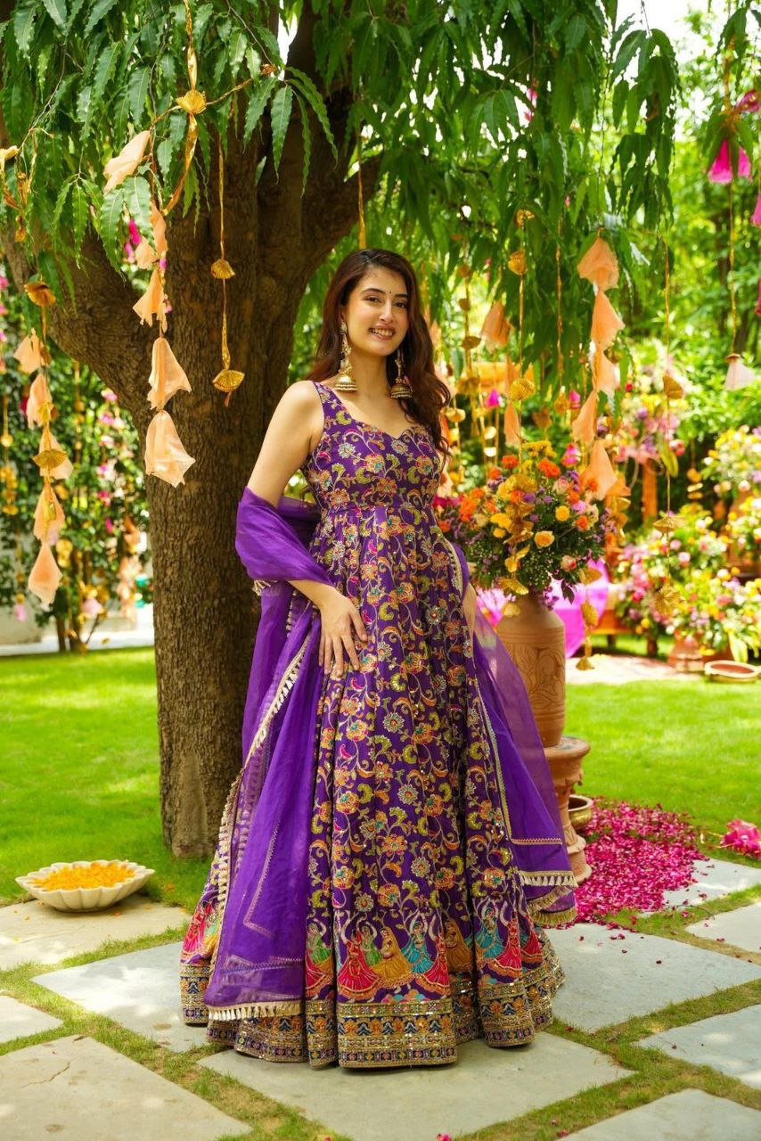 Wedding Wear Purple Color Organza Silk Anarkali Gown
