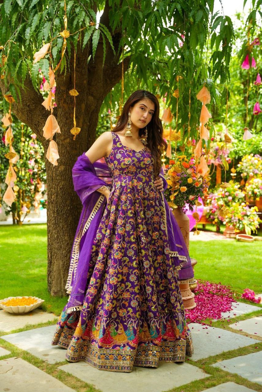 Wedding Wear Purple Color Organza Silk Anarkali Gown