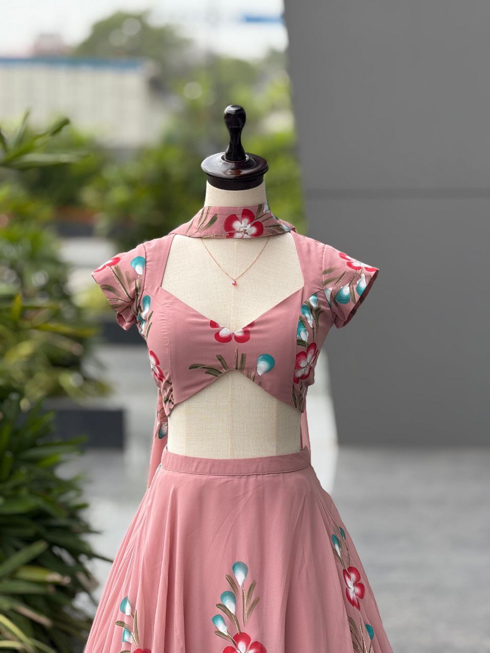 Wedding Wear Peach Color Hand-Painted Georgette Lehenga Set