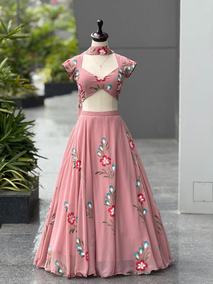 Wedding Wear Peach Color Hand-Painted Georgette Lehenga Set