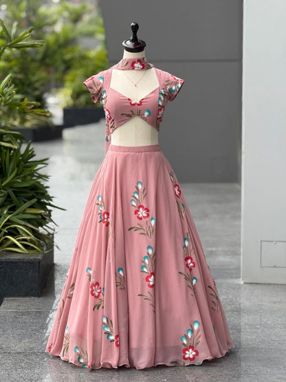 Wedding Wear Peach Color Hand-Painted Georgette Lehenga Set