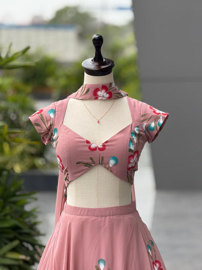 Wedding Wear Peach Color Hand-Painted Georgette Lehenga Set