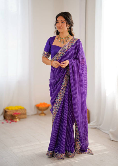 Pretty Purple Color Sequins Embroidered Bandhani Print Saree