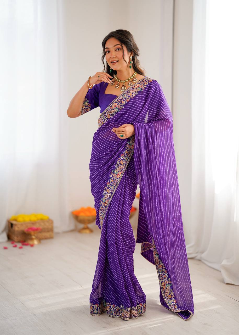 Pretty Purple Color Sequins Embroidered Bandhani Print Saree