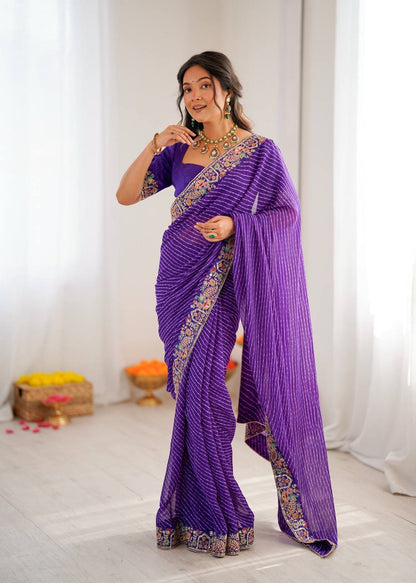 Pretty Purple Color Sequins Embroidered Bandhani Print Saree