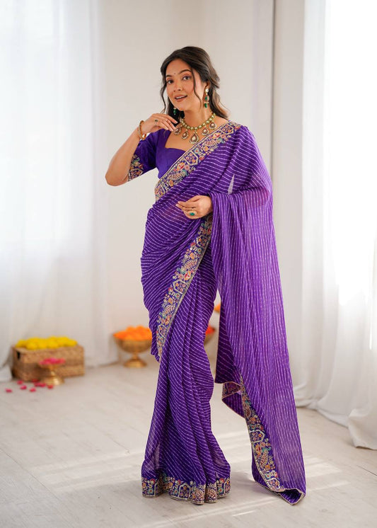 Pretty Purple Color Sequins Embroidered Bandhani Print Saree